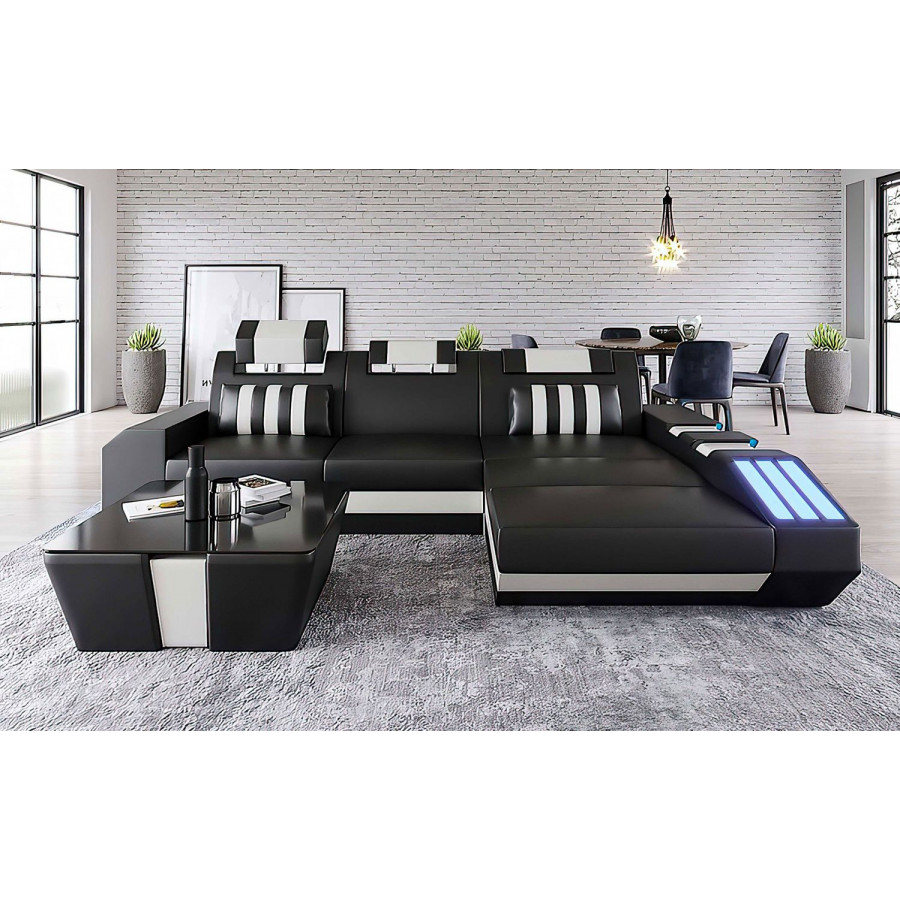 Jubilee Cosmo Small Modern Right Hand Facing Sectional with Led - Black/White, Top Grain Italian Leather