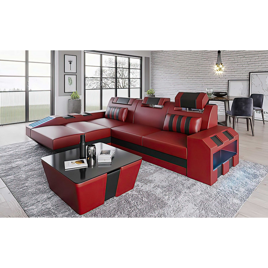 Jubilee Cosmo Small Modern Left Hand Facing Sectional with Led - Black/Red, Bonded Leather