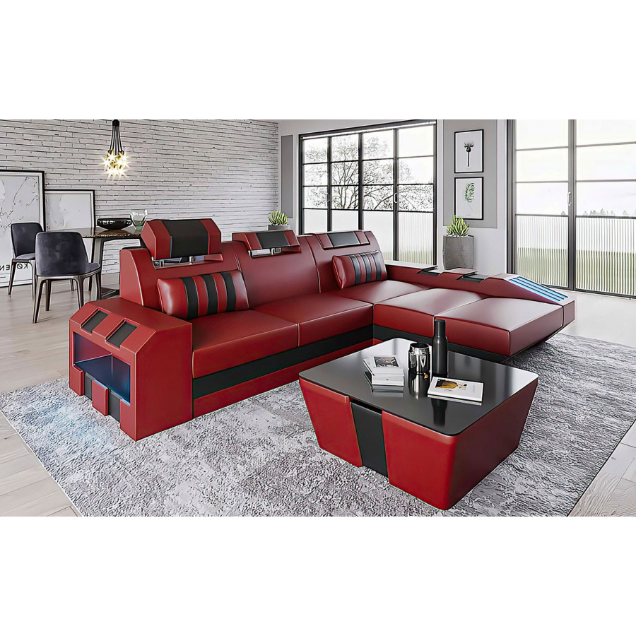 Jubilee Cosmo Small Modern Right Hand Facing Sectional with Led - Black/Red, Bonded Leather