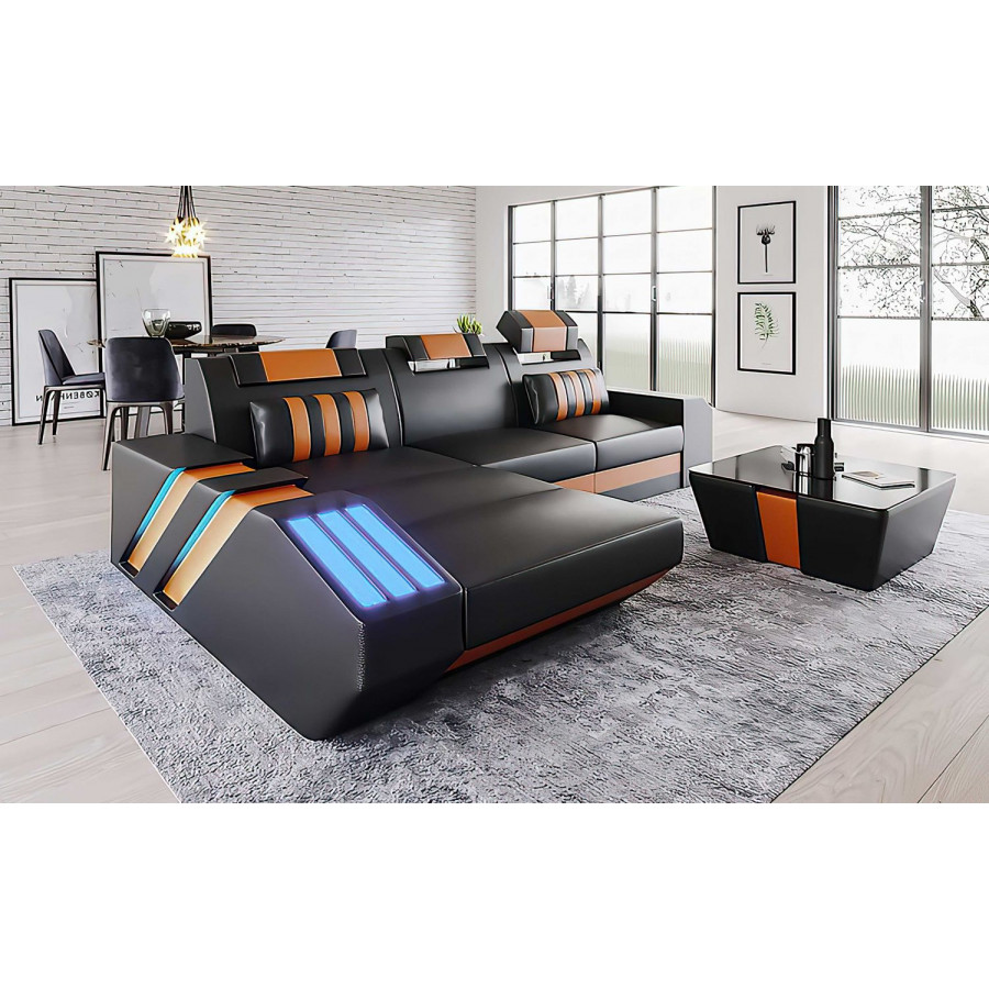 Jubilee Cosmo Small Modern Left Hand Facing Sectional with Led - Black/Orange, Top Grain Italian Leather