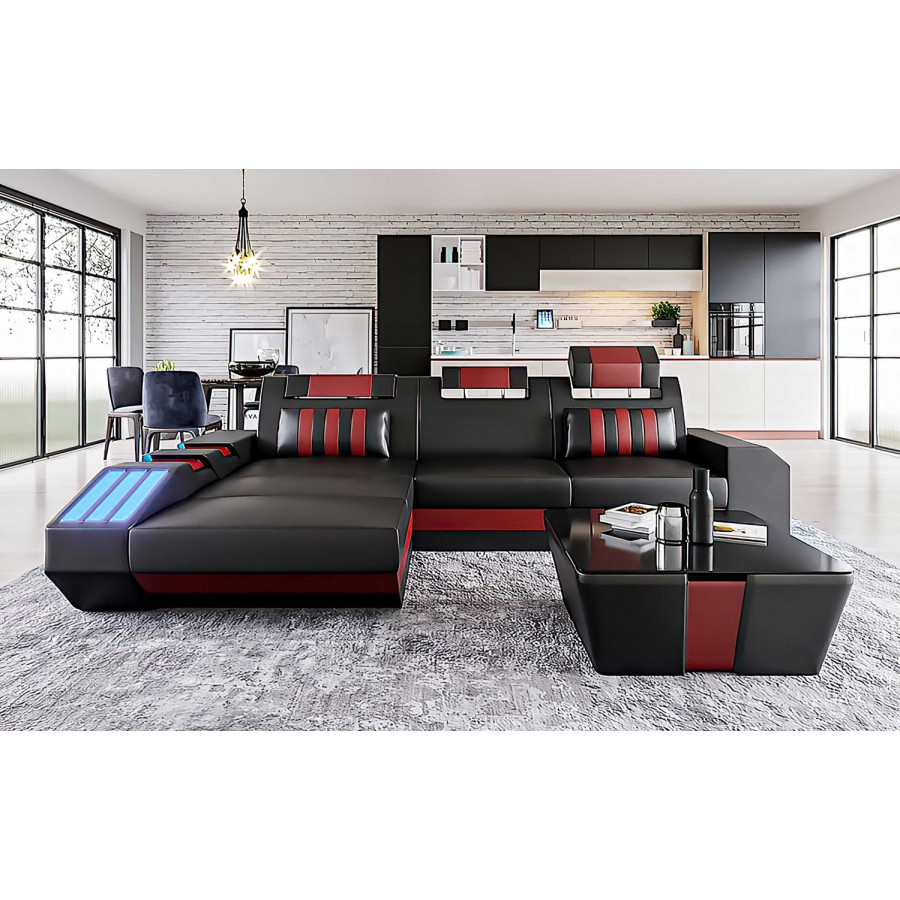 Jubilee Cosmo Small Modern Left Hand Facing Sectional with Led - Red/Black, Top Grain Italian Leather