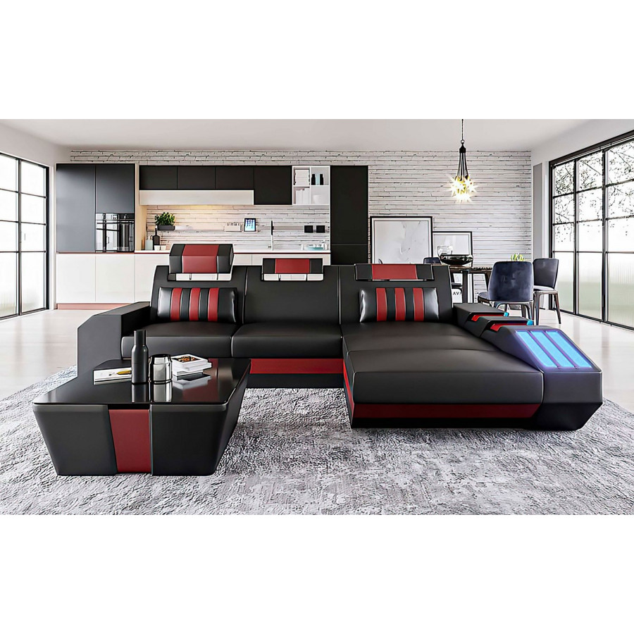 Jubilee Cosmo Small Modern Right Hand Facing Sectional with Led - Red/Black, Top Grain Italian Leather