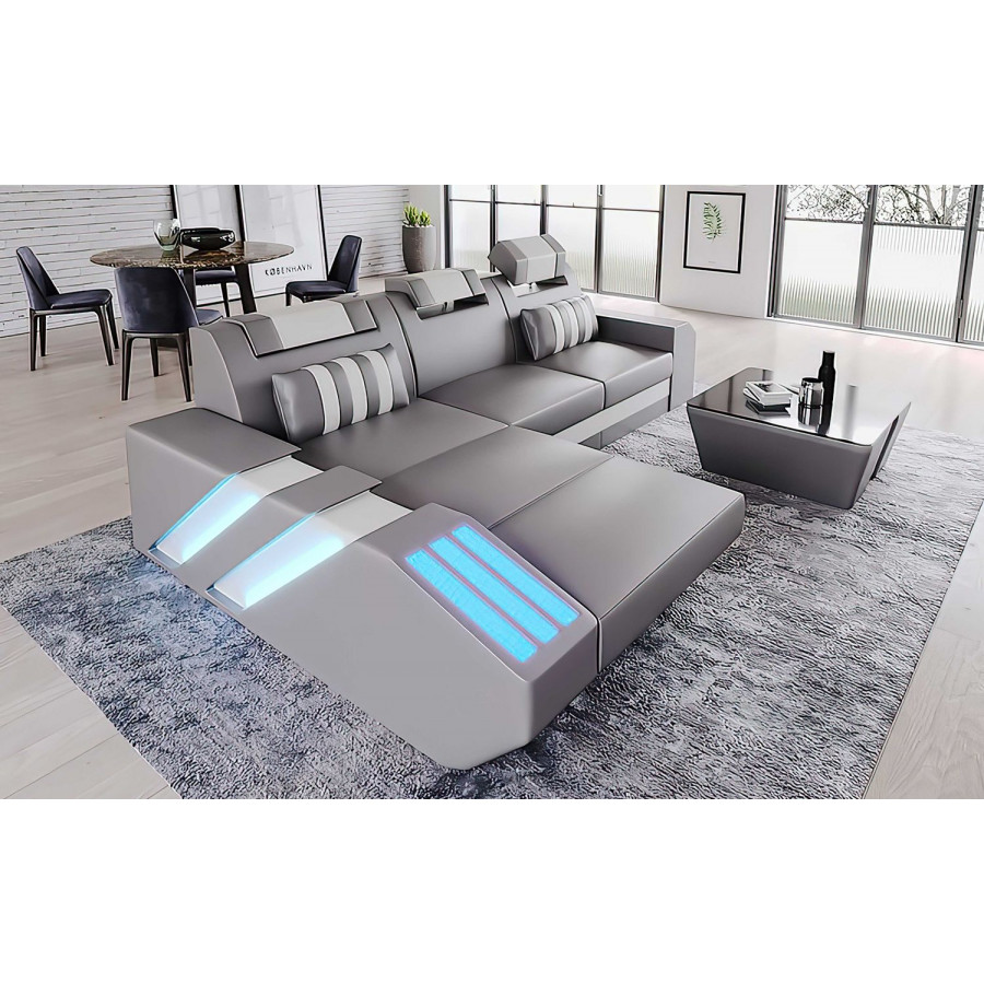 Jubilee Cosmo Small Modern Left Hand Facing Sectional with Led - Gray/White, Bonded Leather