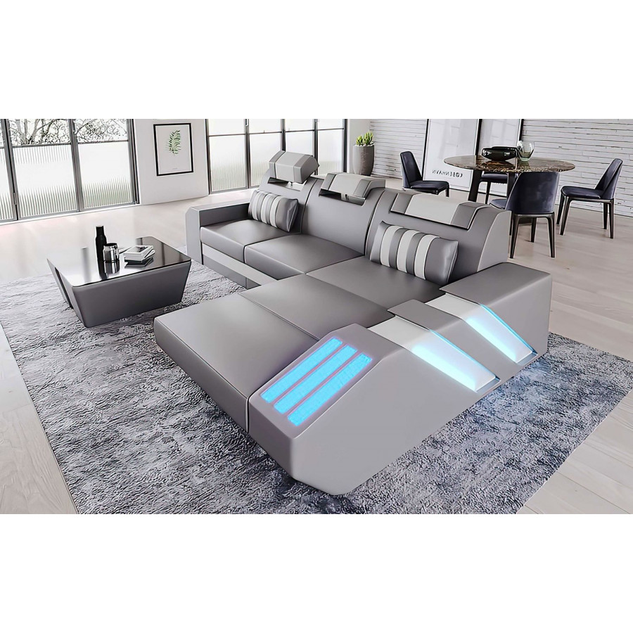 Jubilee Cosmo Small Modern Right Hand Facing Sectional with Led - Gray/White, Bonded Leather