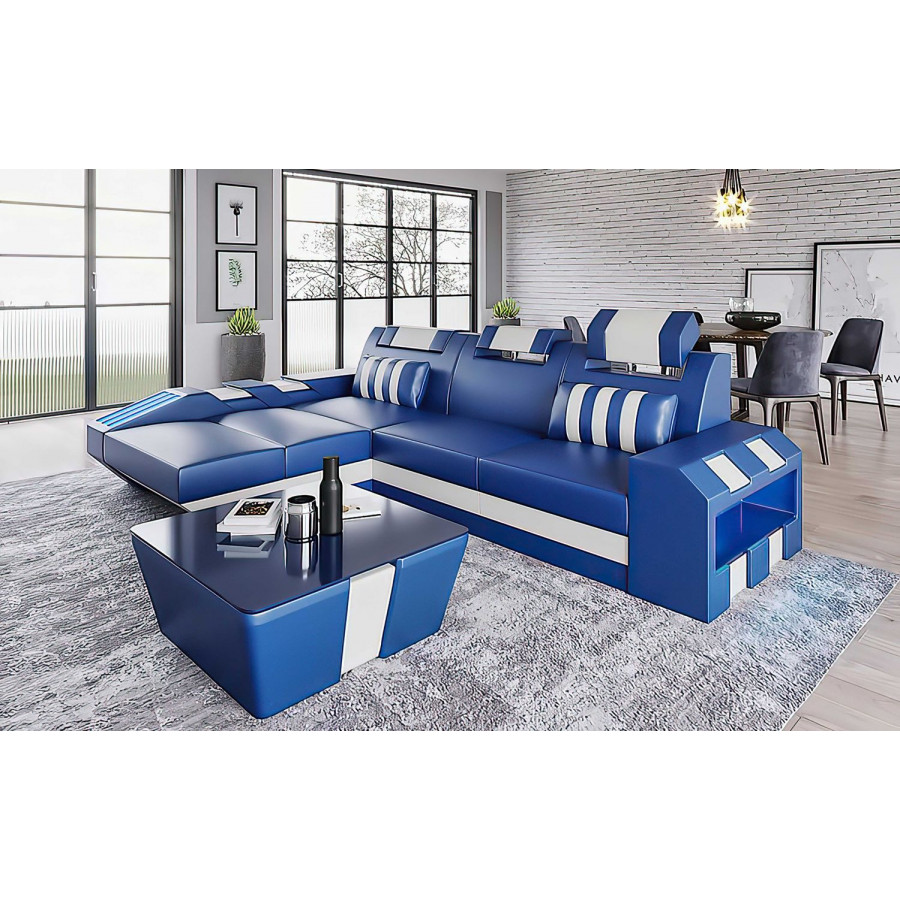 Jubilee Cosmo Small Modern Left Hand Facing Sectional with Led - Blue/White, Bonded Leather