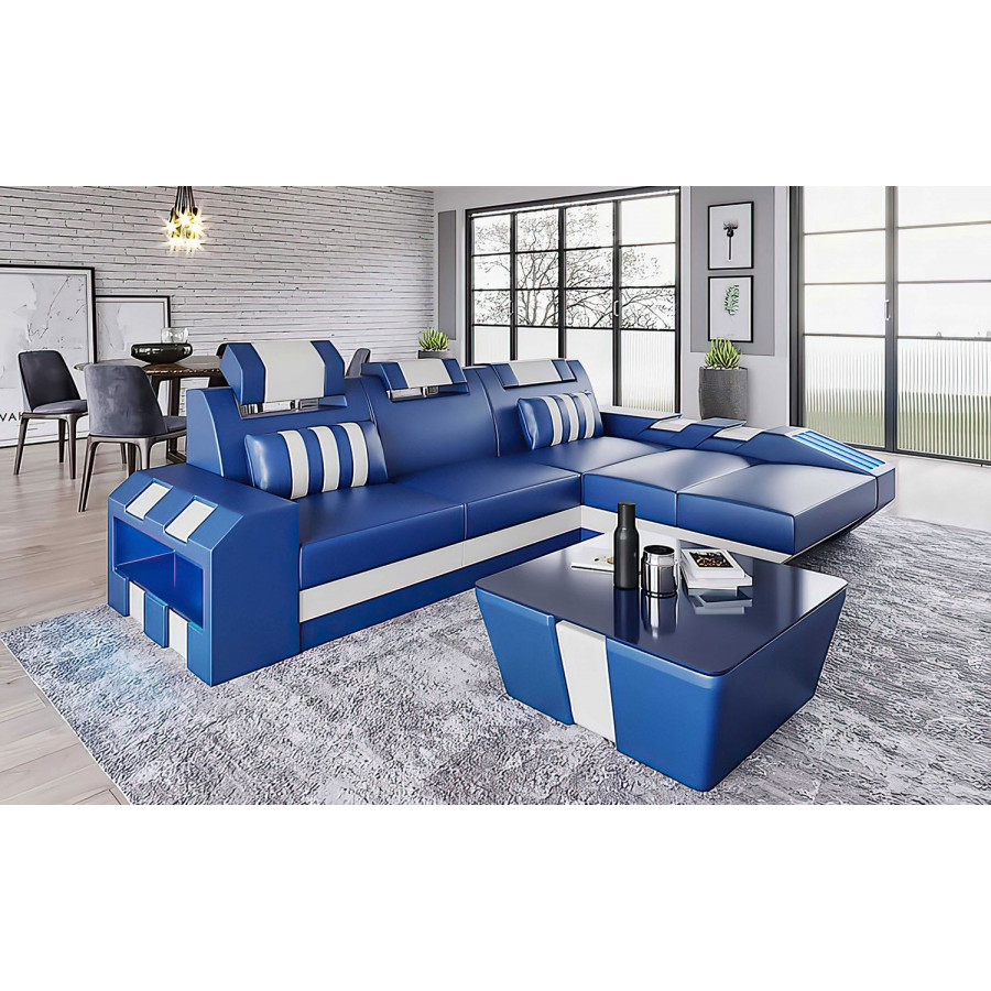 Jubilee Cosmo Small Modern Right Hand Facing Sectional with Led - Blue/White, Top Grain Italian Leather