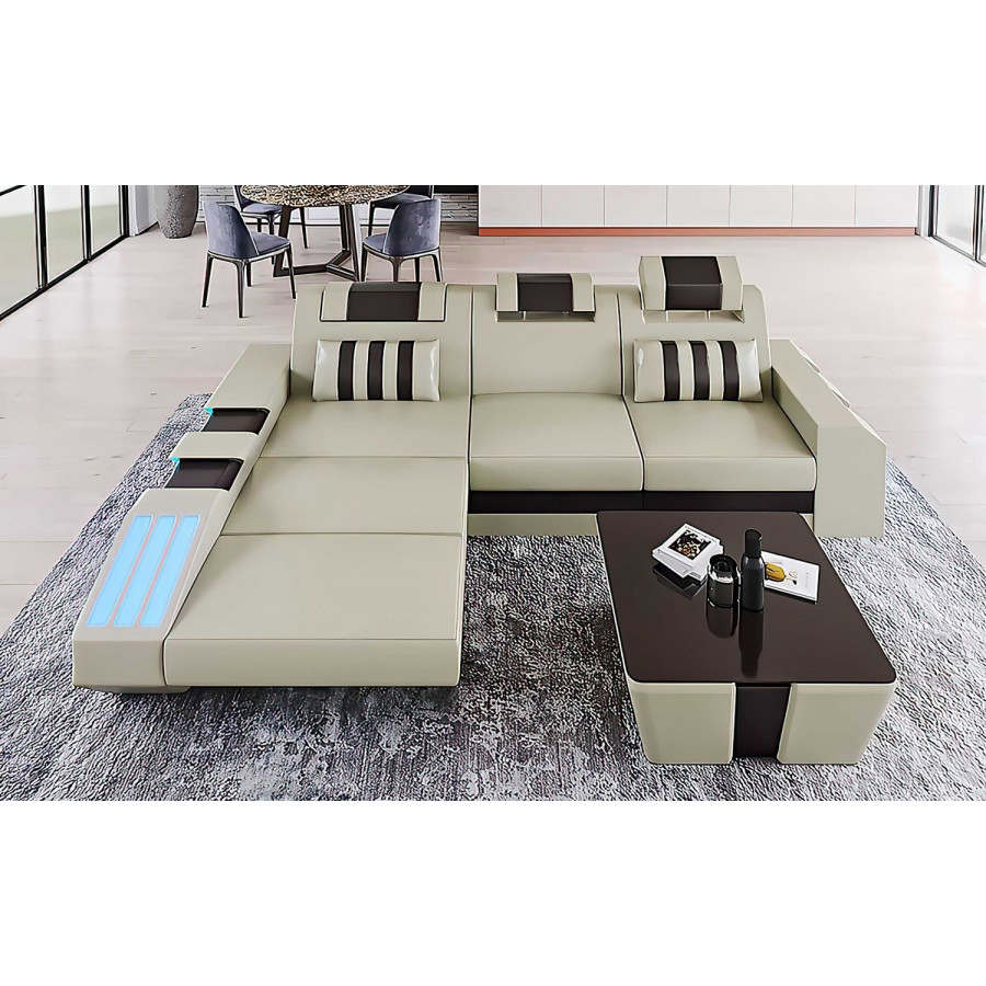 Jubilee Cosmo Small Modern Left Hand Facing Sectional with Led - Beige/Black, Top Grain Italian Leather