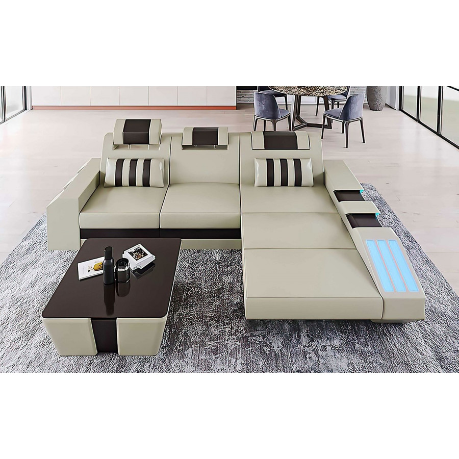 Jubilee Cosmo Small Modern Right Hand Facing Sectional with Led - Beige/Black, Top Grain Italian Leather