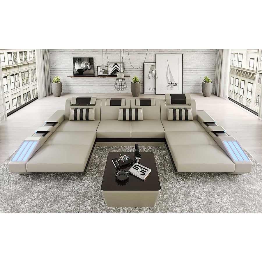 Jubilee Cosmo U-Shape Modern Sectional with Led - White/Black, Bonded Leather