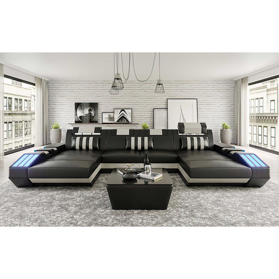 Jubilee Cosmo U-Shape Modern Sectional with Led - Black/White, Bonded Leather