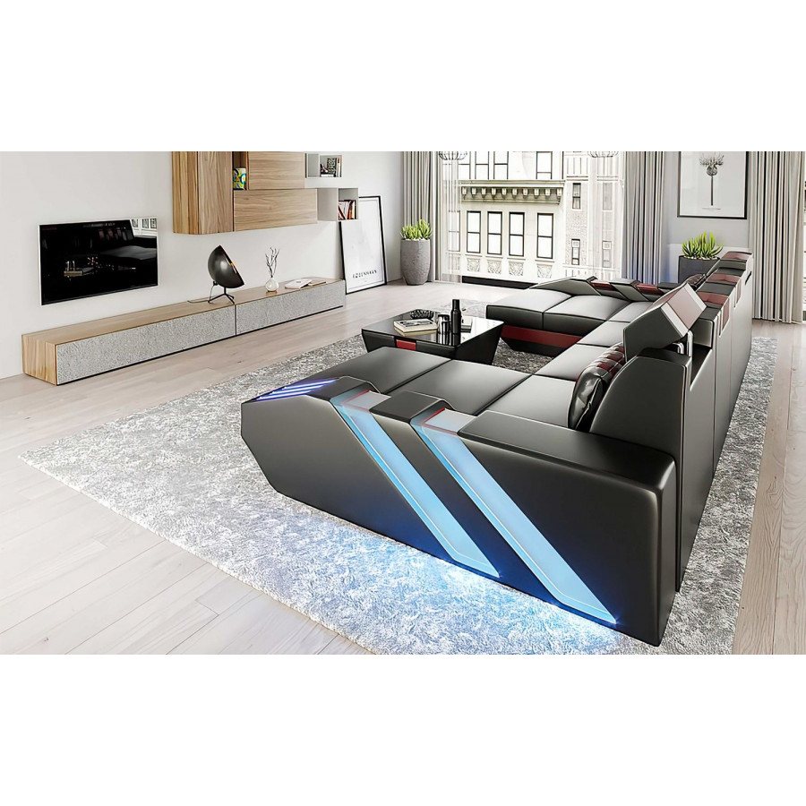 Jubilee Cosmo U-Shape Modern Sectional with Led - Black/Red, Bonded Leather