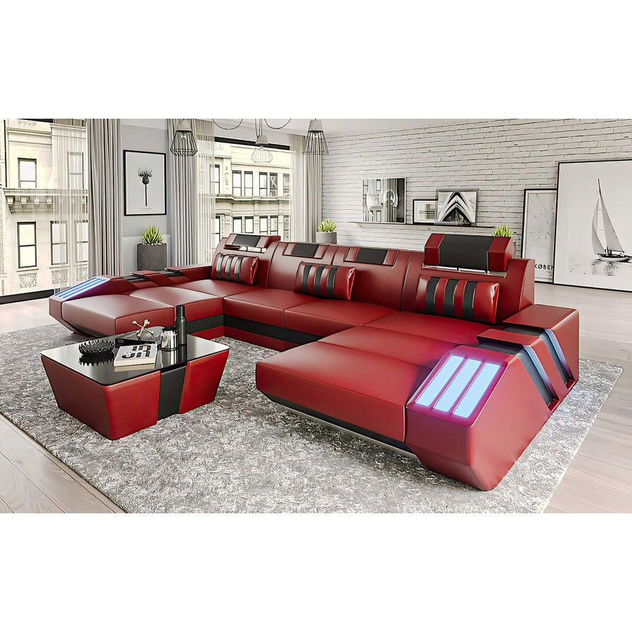 Jubilee Cosmo U-Shape Modern Sectional with Led - Red/Black, Bonded Leather