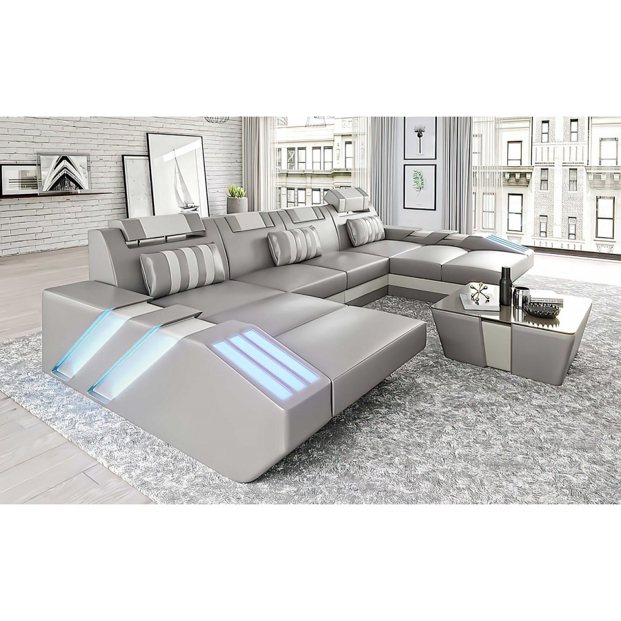 Jubilee Cosmo U-Shape Modern Sectional with Led - Gray/White, Bonded Leather