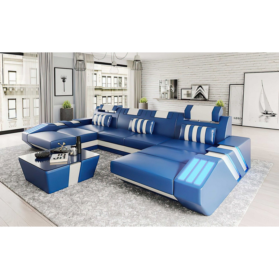 Jubilee Cosmo U-Shape Modern Sectional with Led - Blue/White, Bonded Leather