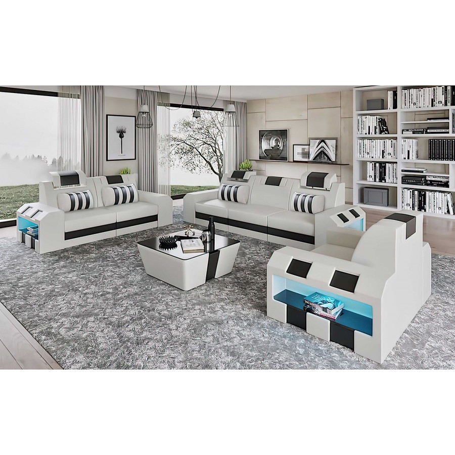 Jubilee Cosmo Modern Sofa Set with Led - White/Black, Bonded Leather