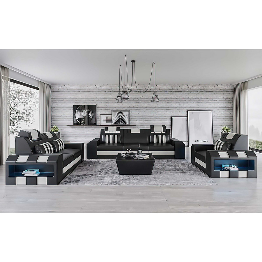 Jubilee Cosmo Modern Sofa Set with Led - Black/White, Top Grain Italian Leather