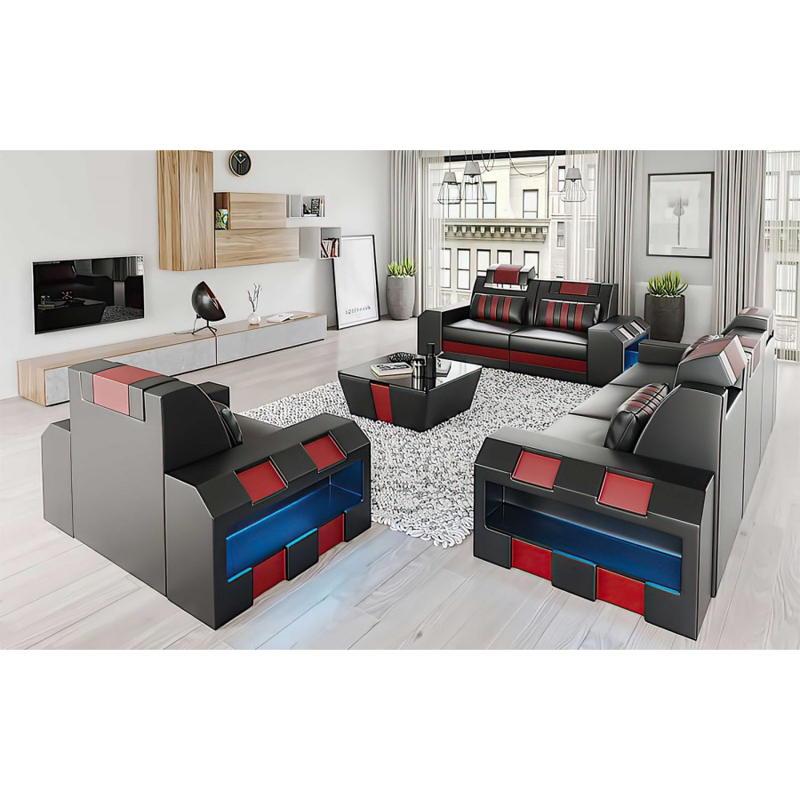Jubilee Cosmo Modern Sofa Set with Led - Black/Red, Top Grain Italian Leather
