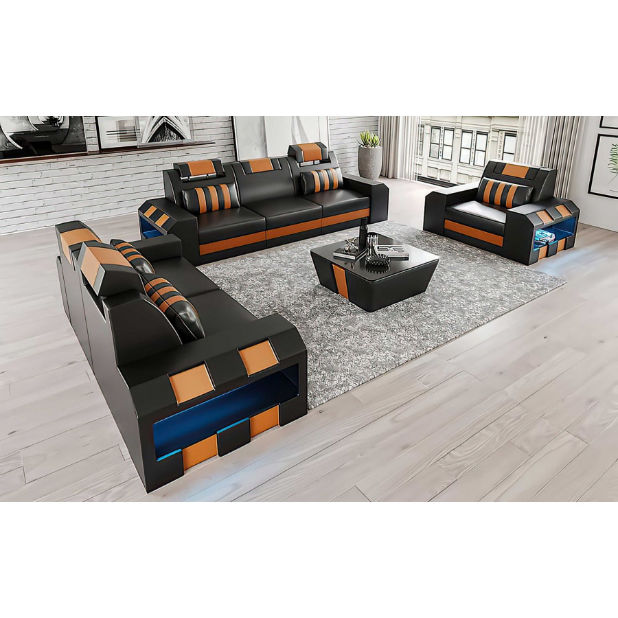 Jubilee Cosmo Modern Sofa Set with Led - Black/Orange, Top Grain Italian Leather