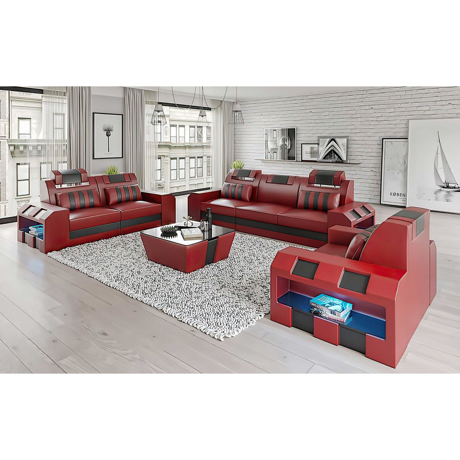 Jubilee Cosmo Modern Sofa Set with Led - Red/Black, Top Grain Italian Leather