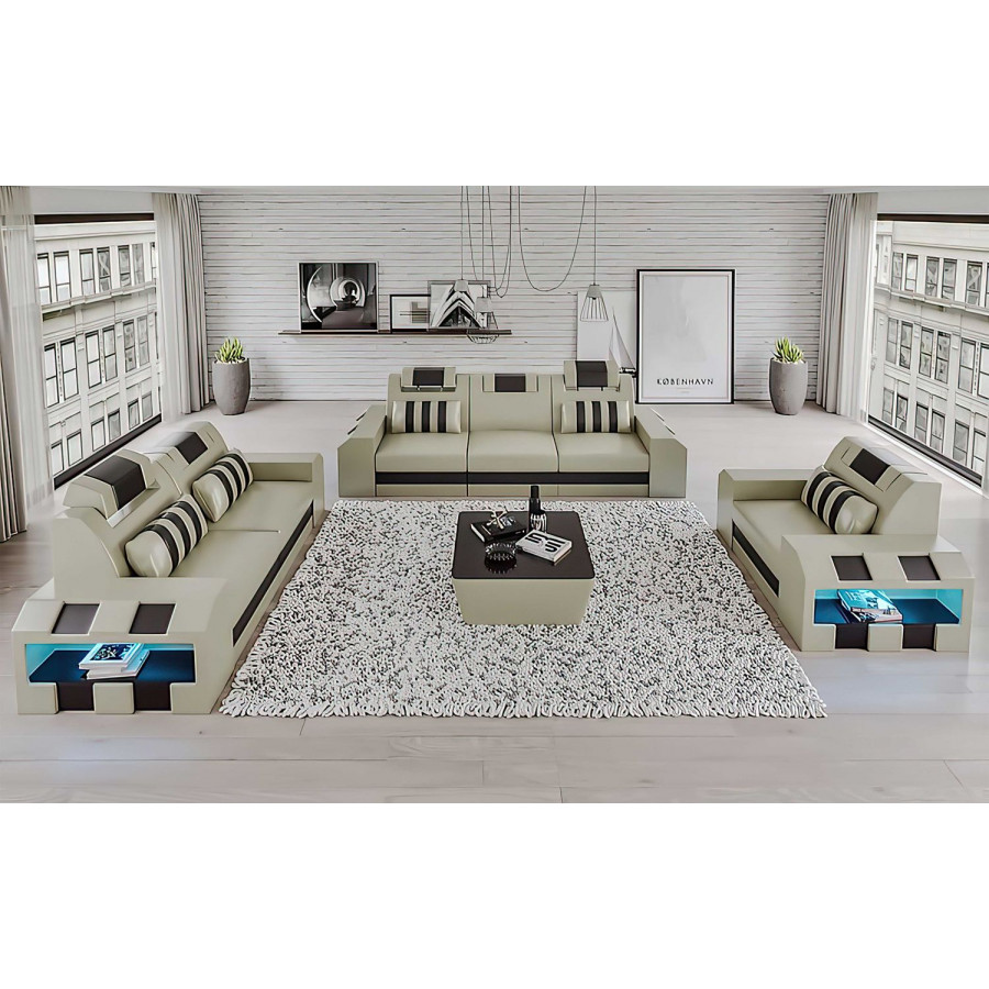 Jubilee Cosmo Modern Sofa Set with Led - Beige/Black, Top Grain Italian Leather