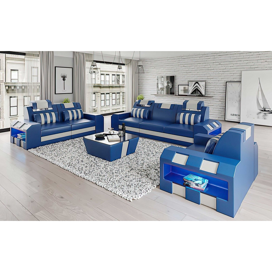 Jubilee Cosmo Modern Sofa Set with Led - Blue/White, Top Grain Italian Leather