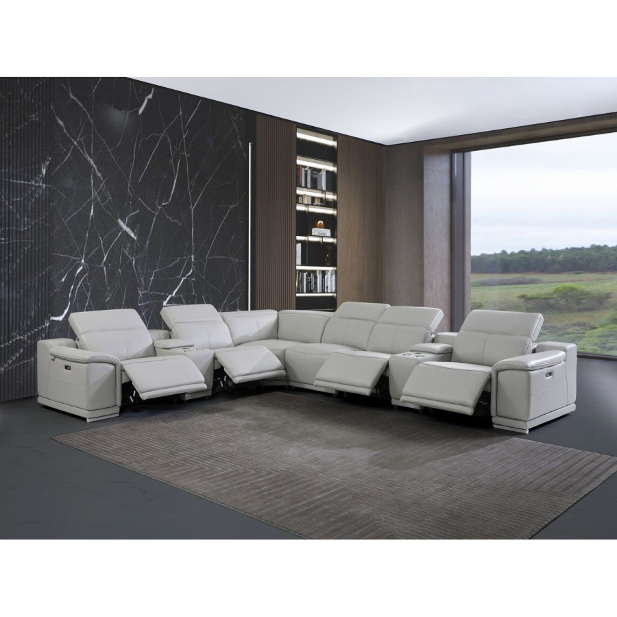 Jubilee Logan Modern Sectional with Recliner - Light Gray, Top Grain Italian Leather, Compact