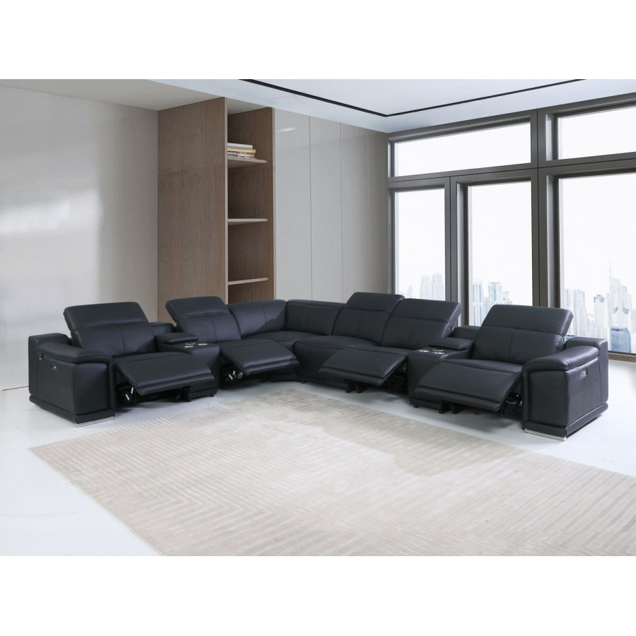Jubilee Logan Modern Sectional with Recliner - Black, Top Grain Italian Leather, Compact