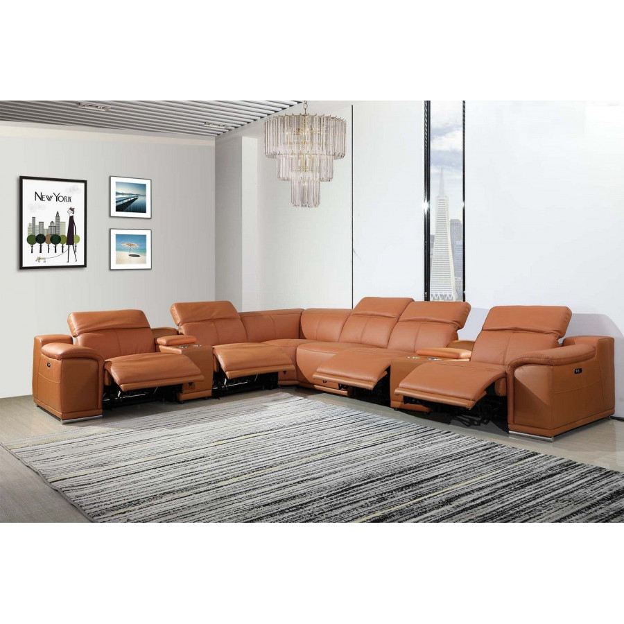 Jubilee Logan Modern Sectional with Recliner - Camel, Top Grain Italian Leather, Compact