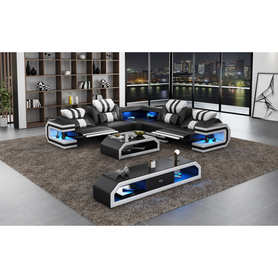 Jubilee Maximus Modern L Shape Recliner Sectional - Black/White, Top Grain Italian Leather
