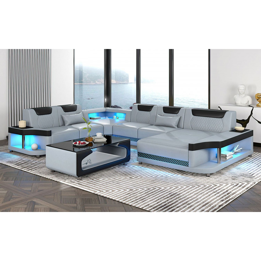 Jubilee Tate Modern Right Hand Facing Sectional with Led - Gray/Black, Top Grain Italian Leather