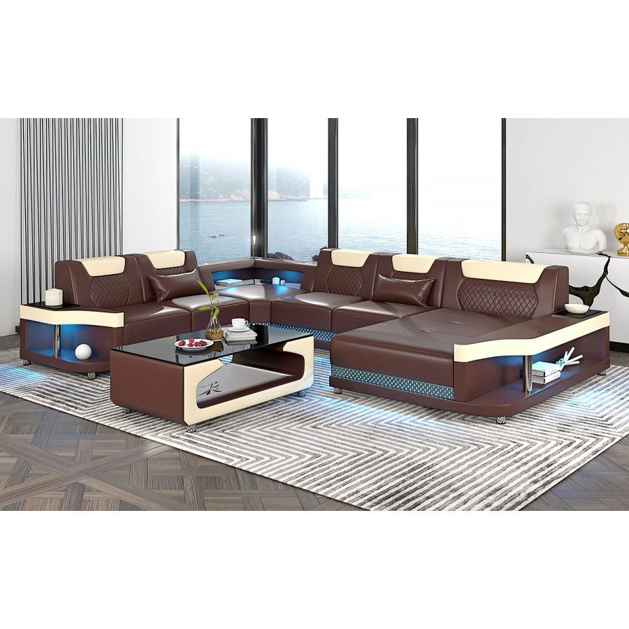 Jubilee Tate Modern Right Hand Facing Sectional with Led - Brown/Beige, Bonded Leather
