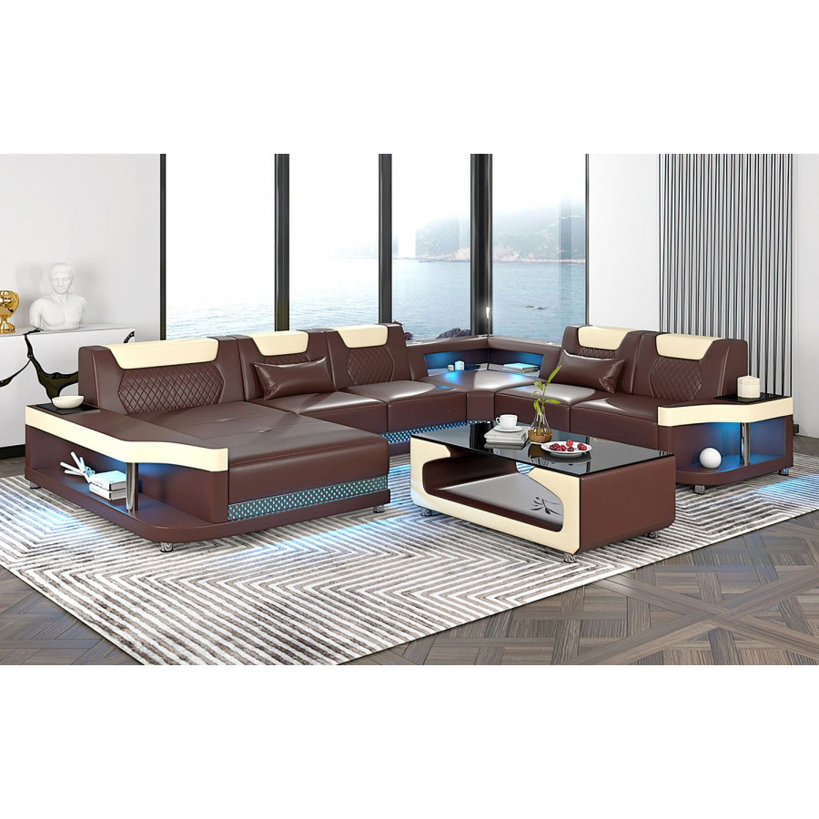 Jubilee Tate Modern Left Hand Facing Sectional with Led - Brown/Beige, Top Grain Italian Leather