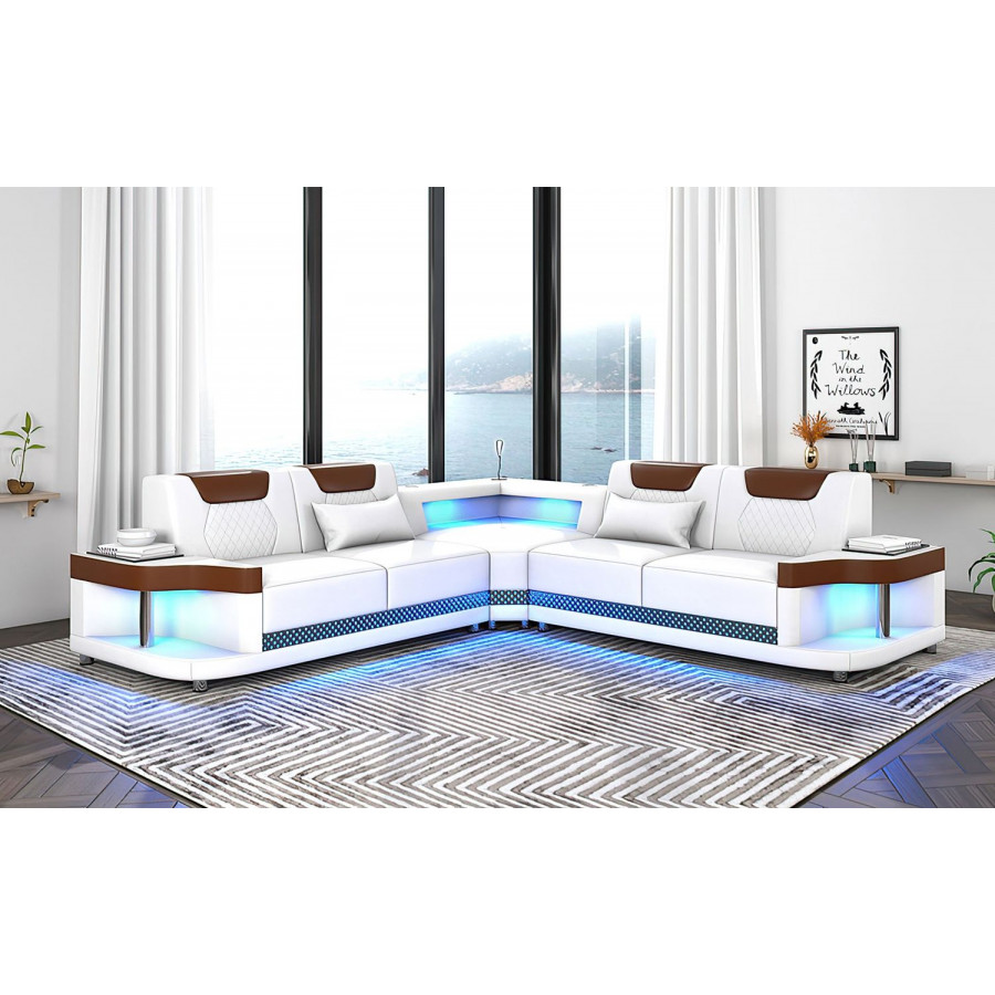 Jubilee Tate Modern Corner Sectional with Led - White/Brown, Bonded Leather