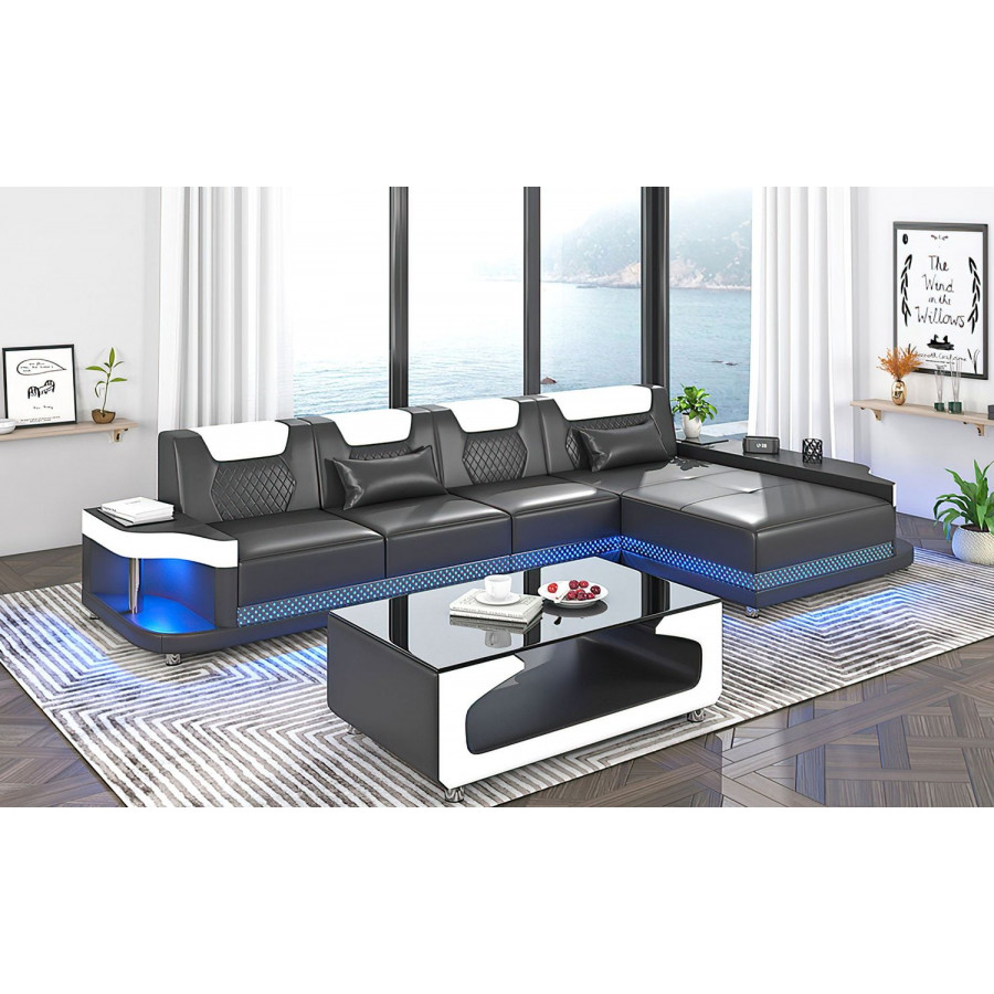 Jubilee Tate Modern Small Right Hand Facing Sectional with Led - Black/White, Bonded Leather