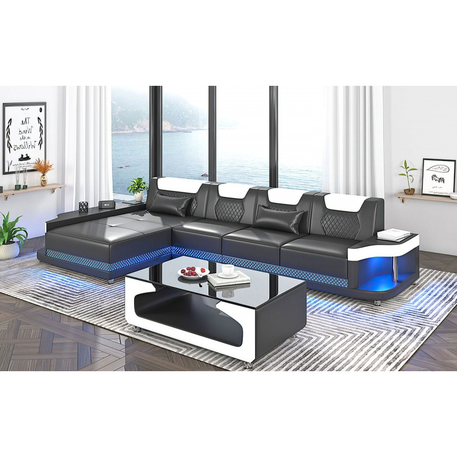 Jubilee Tate Modern Small Left Hand Facing Sectional with Led - Black/White, Top Grain Italian Leather