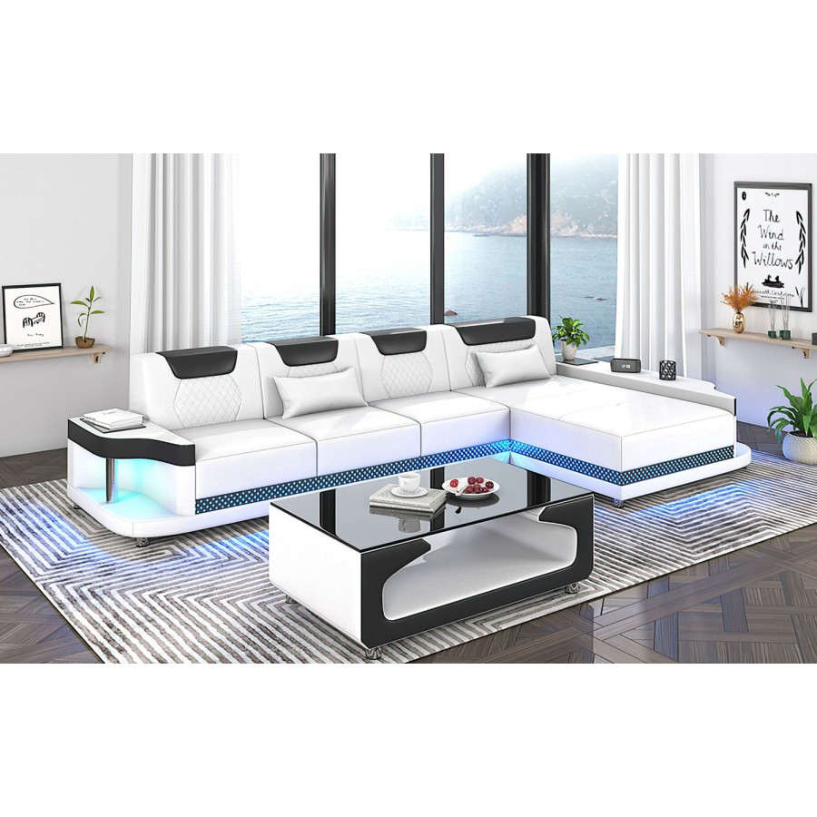 Jubilee Tate Modern Small Right Hand Facing Sectional with Led - White/Black, Bonded Leather