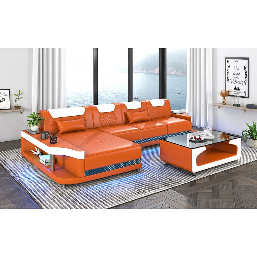 Jubilee Tate Modern Small Left Hand Facing Sectional with Led - Orange/White, Bonded Leather