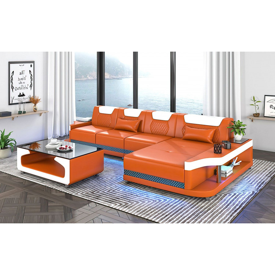 Jubilee Tate Modern Small Right Hand Facing Sectional with Led - Orange/White, Bonded Leather