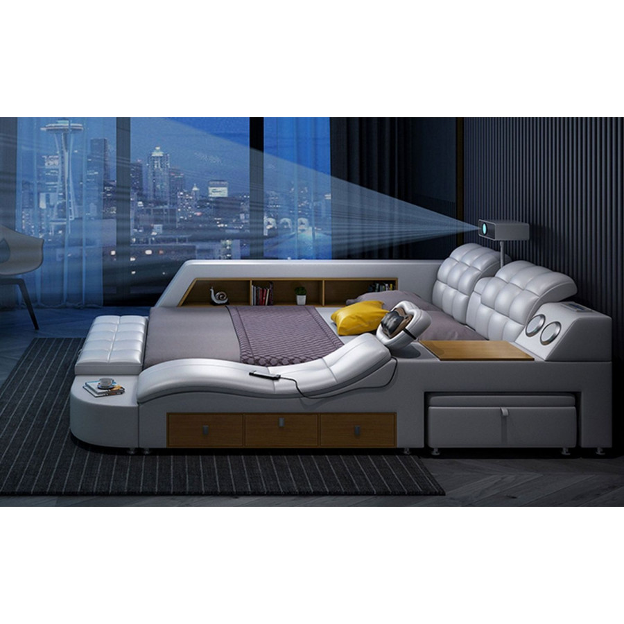 Jubilee Sophia Tech Smart Ultimate All In One King Size Left Hand Facing Bed - Light Gray, Bonded Leather