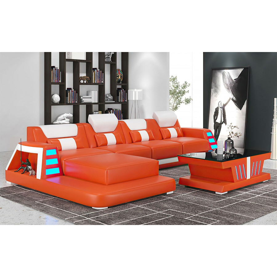 Jubilee Ozzy Small Modern Left Hand Facing Sectional - Orange/White, Top Grain Italian Leather