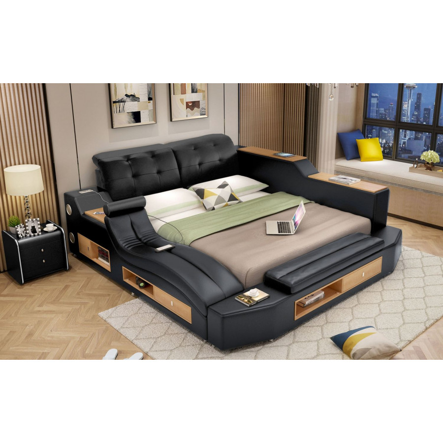 Jubilee Apollo Modern Multifunctional Smart Queen Size Left Hand Facing Bed - Black, Top Grain Italian Leather