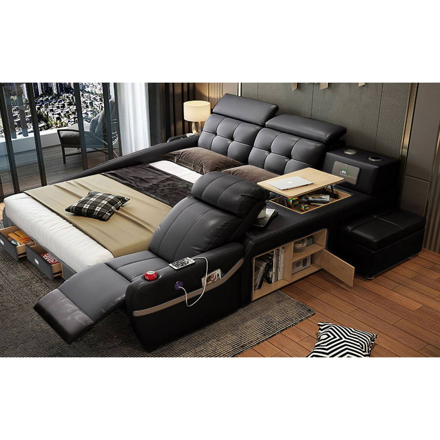 Jubilee Veronica Multifunctional Smart Queen Size Right Hand Facing Bed - Black, Bonded Leather