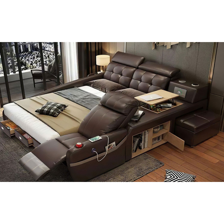 Jubilee Veronica Multifunctional Smart Queen Size Right Hand Facing Bed - Dark Brown, Bonded Leather