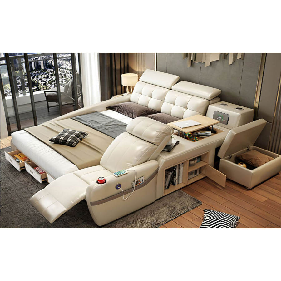 Jubilee Veronica Multifunctional Smart Queen Size Right Hand Facing Bed - Beige, Bonded Leather