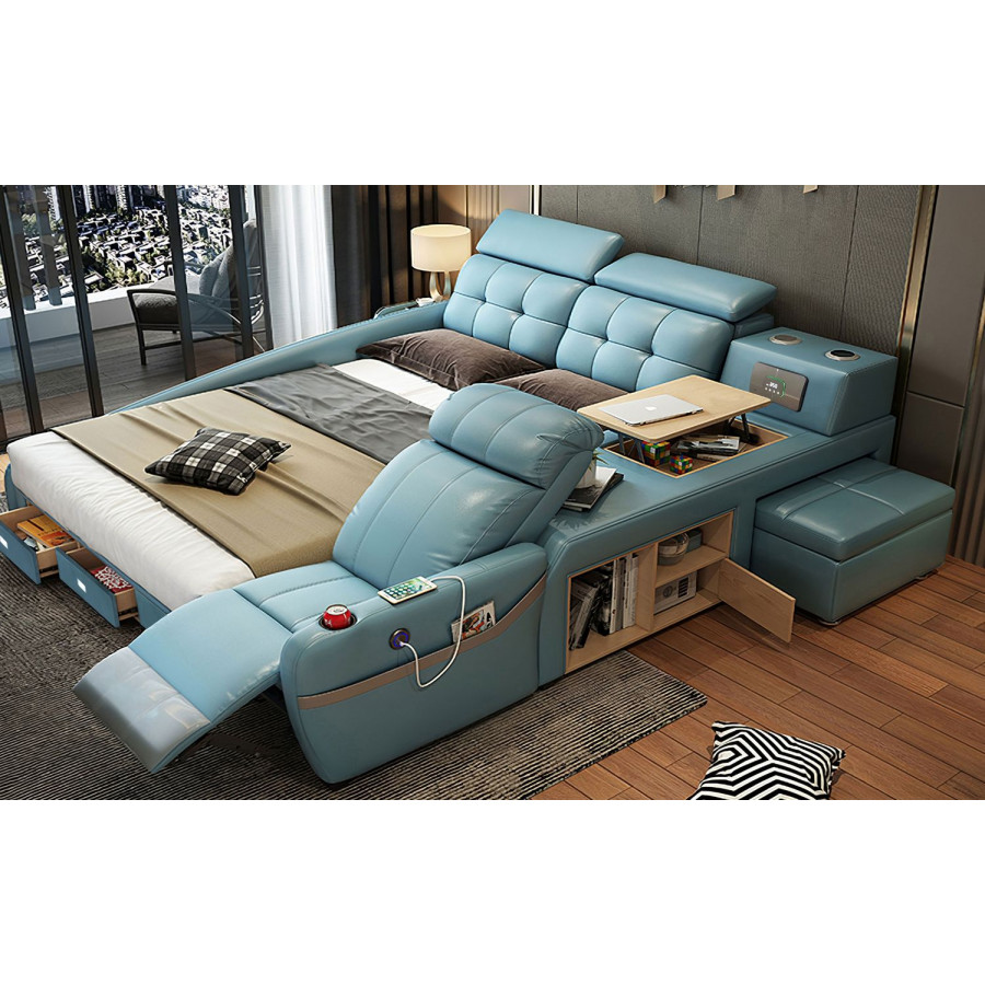 Jubilee Veronica Multifunctional Smart Queen Size Right Hand Facing Bed - Blue, Bonded Leather