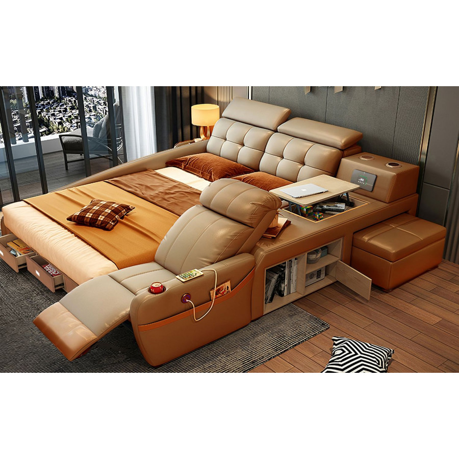 Jubilee Veronica Multifunctional Smart Queen Size Right Hand Facing Bed - Brown, Bonded Leather