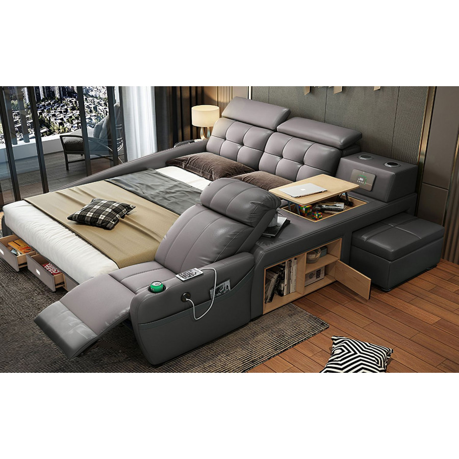 Jubilee Veronica Multifunctional Smart Queen Size Right Hand Facing Bed - Gray, Bonded Leather