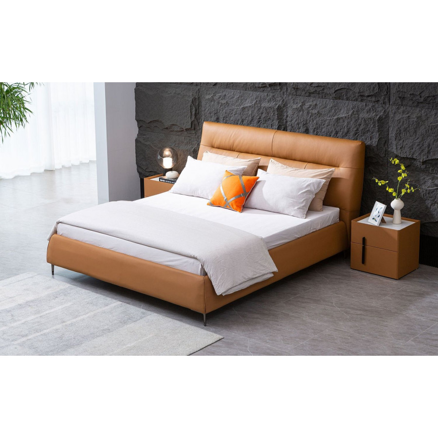 Jubilee Zephyr Modern King Size Platform Bed - Brown, Top Grain Italian Leather