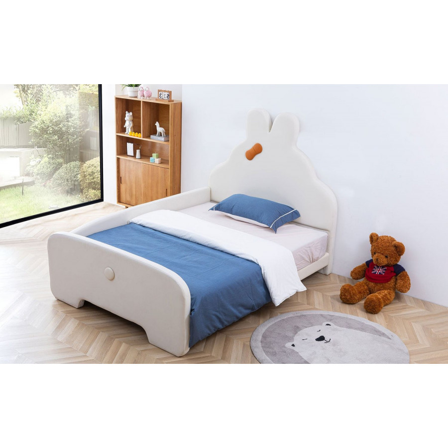Jubilee Mila Rabbit-Shape Teen Queen Size Left Hand Facing Bed - Cream White, Bonded Leather