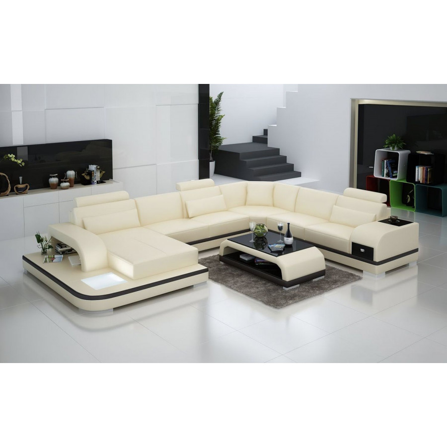 Jubilee Everly Left Hand Facing Sectional with Leds - Beige/Dark Brown, Top Grain Italian Leather
